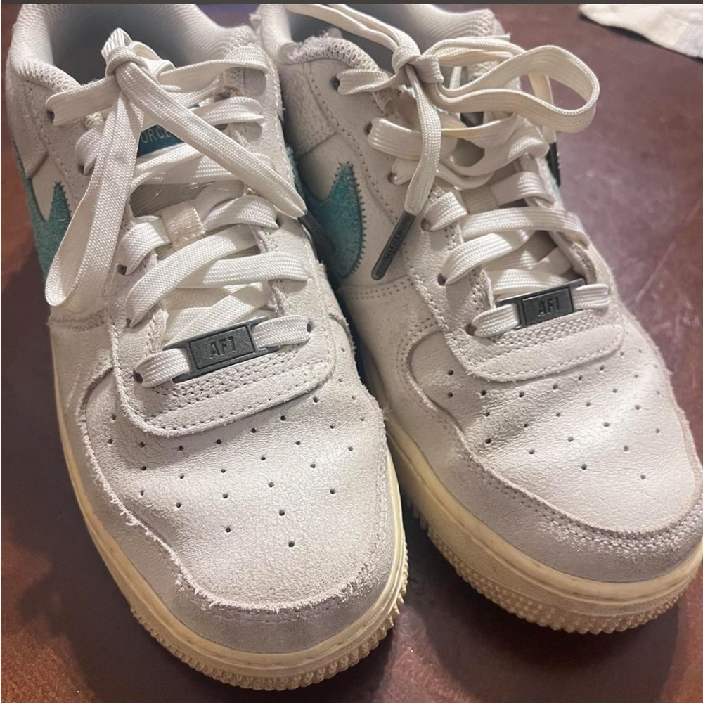 White and blue Nike Air Force 1 trainers Size 38.5 =7/8 Woman’s, 6Y Kids